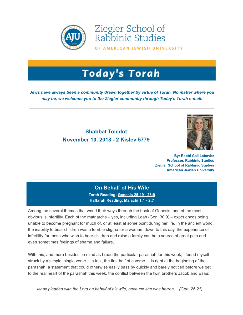 Shabbat Toledot November 10, 2018 - 2 Kislev 5779