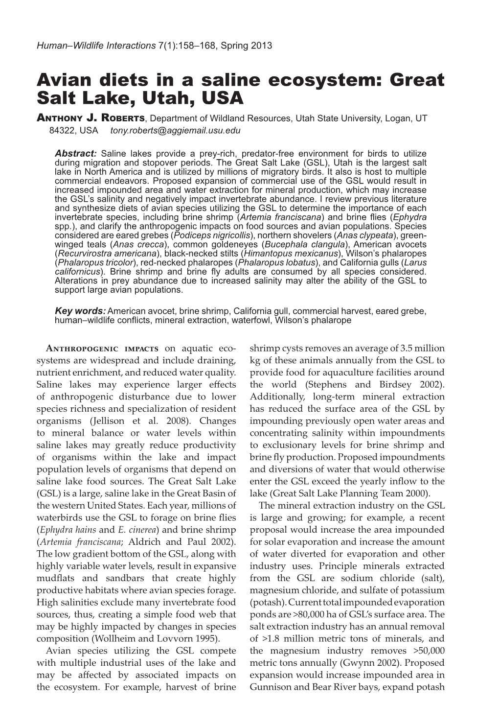 Avian Diets in a Saline Ecosystem: Great Salt Lake, Utah, USA Anthony J