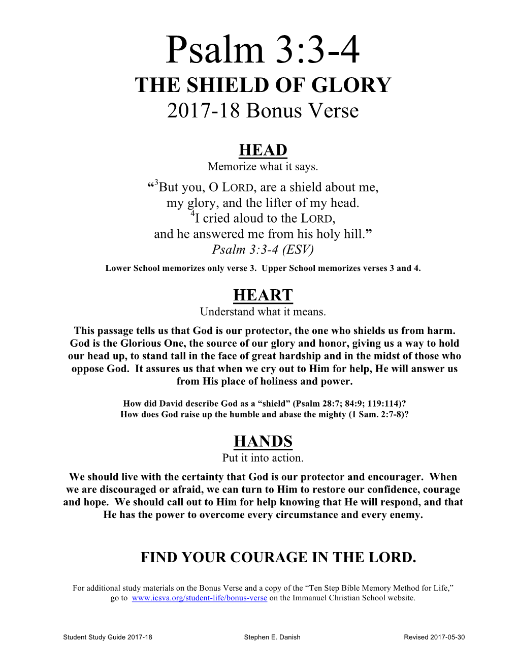 Psalm 3:3-4 the SHIELD of GLORY 2017-18 Bonus Verse