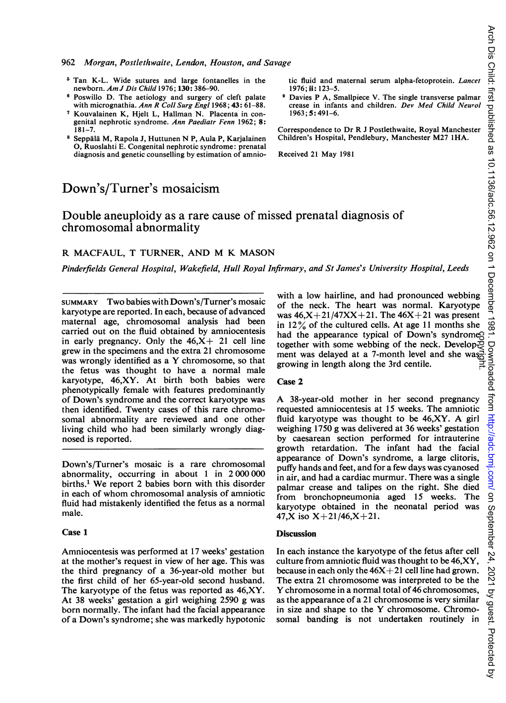 Down's/Turner's Mosaicism Double Aneuploidy As a Rare Cause of Missed Prenatal Diagnosis of Chromosomal Abnormality