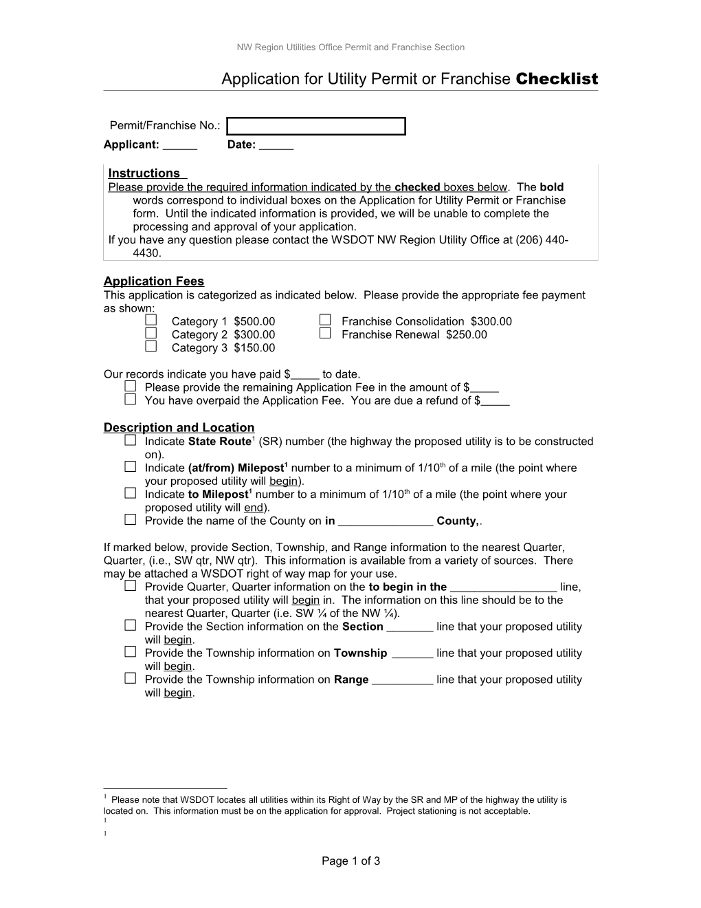 Application For Utility Permit Or Franchise Checklist