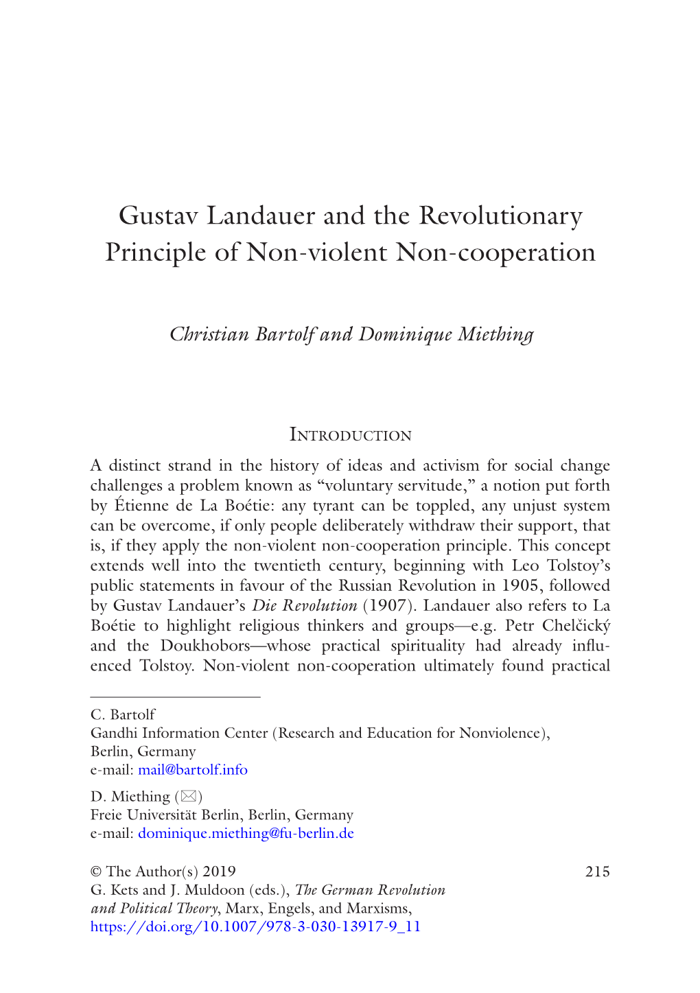 Gustav Landauer and the Revolutionary Principle of Non-Violent Non-Cooperation