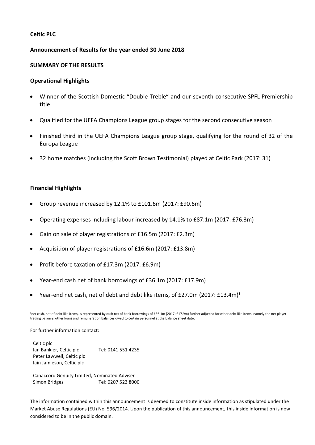 Celtic PLC Announcement of Results for the Year Ended 30 June 2018