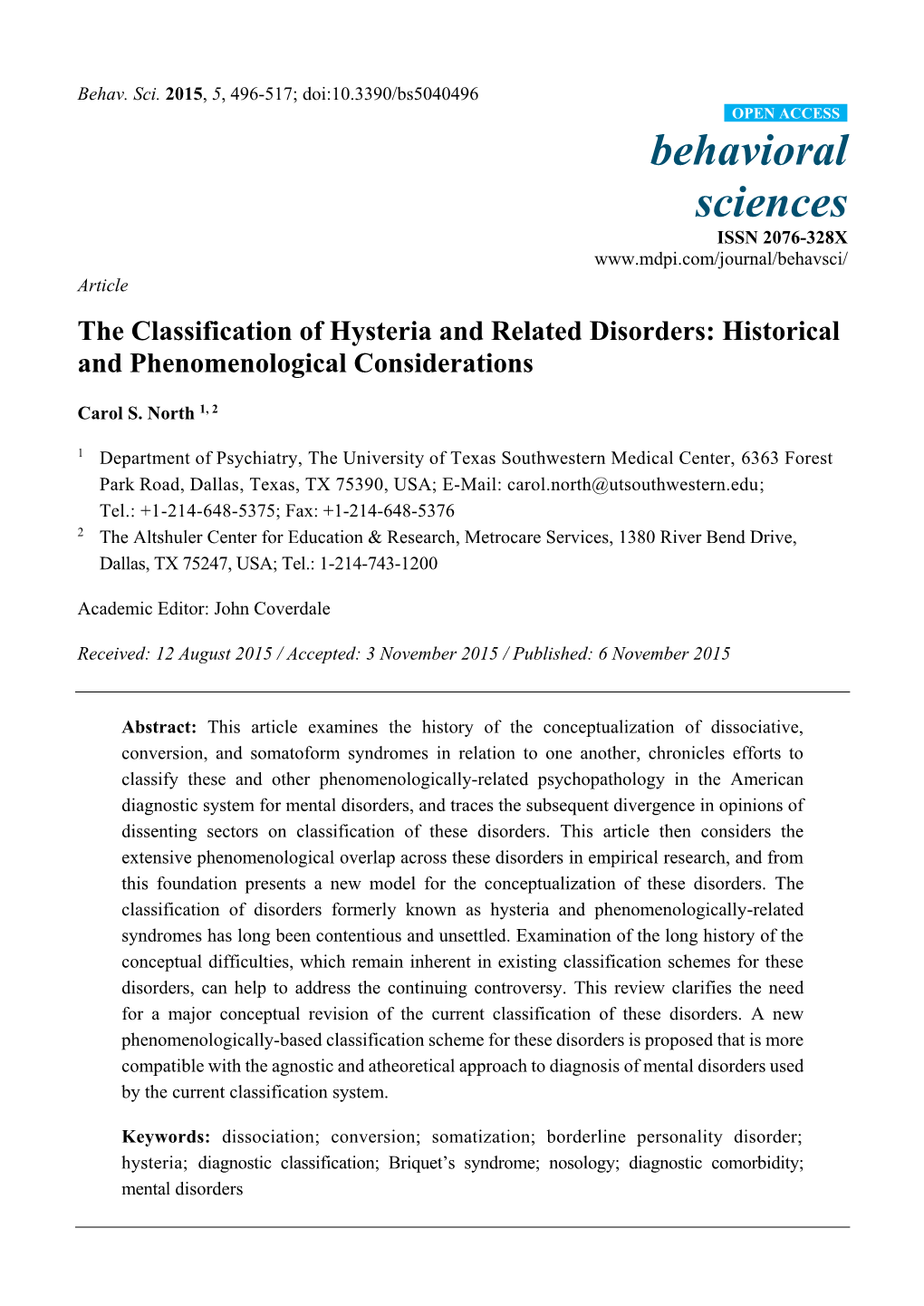 The Classification of Hysteria and Related Disorders: Historical and Phenomenological Considerations