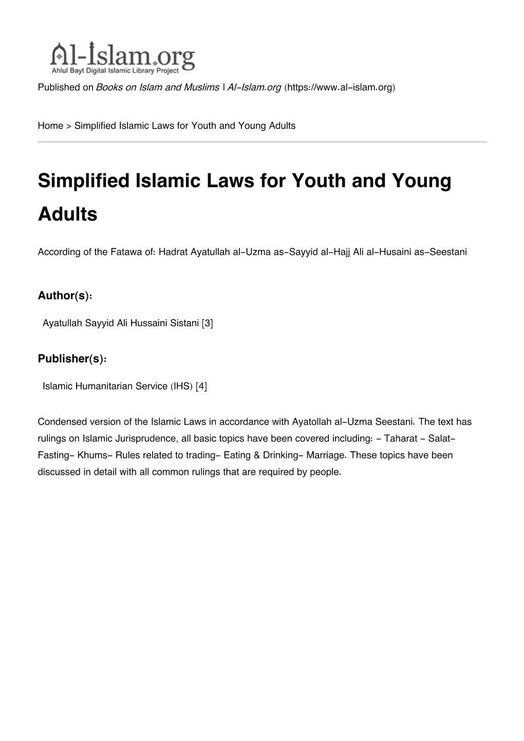 Simplified Islamic Laws for Youth and Young Adults