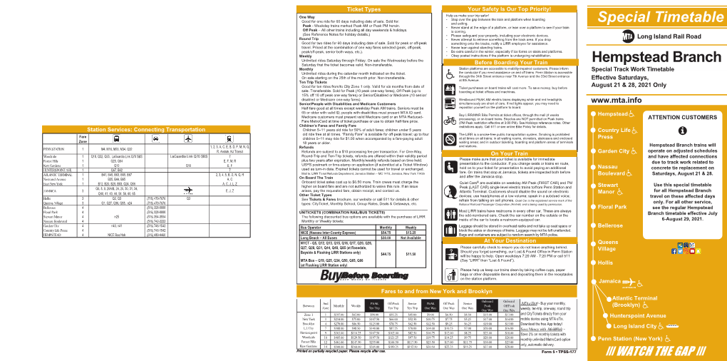 Hempstead Branch Special Timetable