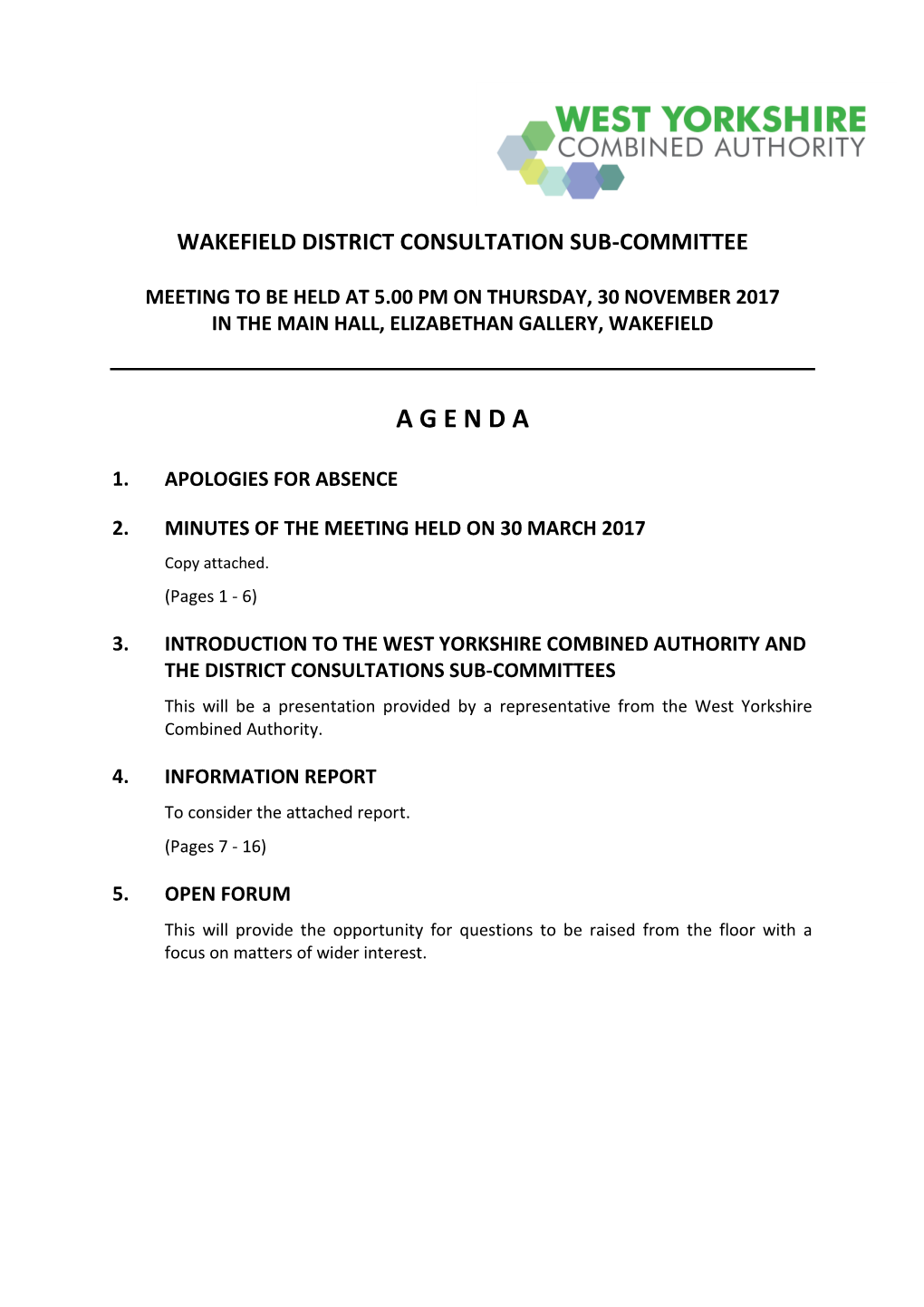 (Public Pack)Agenda Document for Wakefield District Consultation Sub-Committee, 30/11/2017 17:00