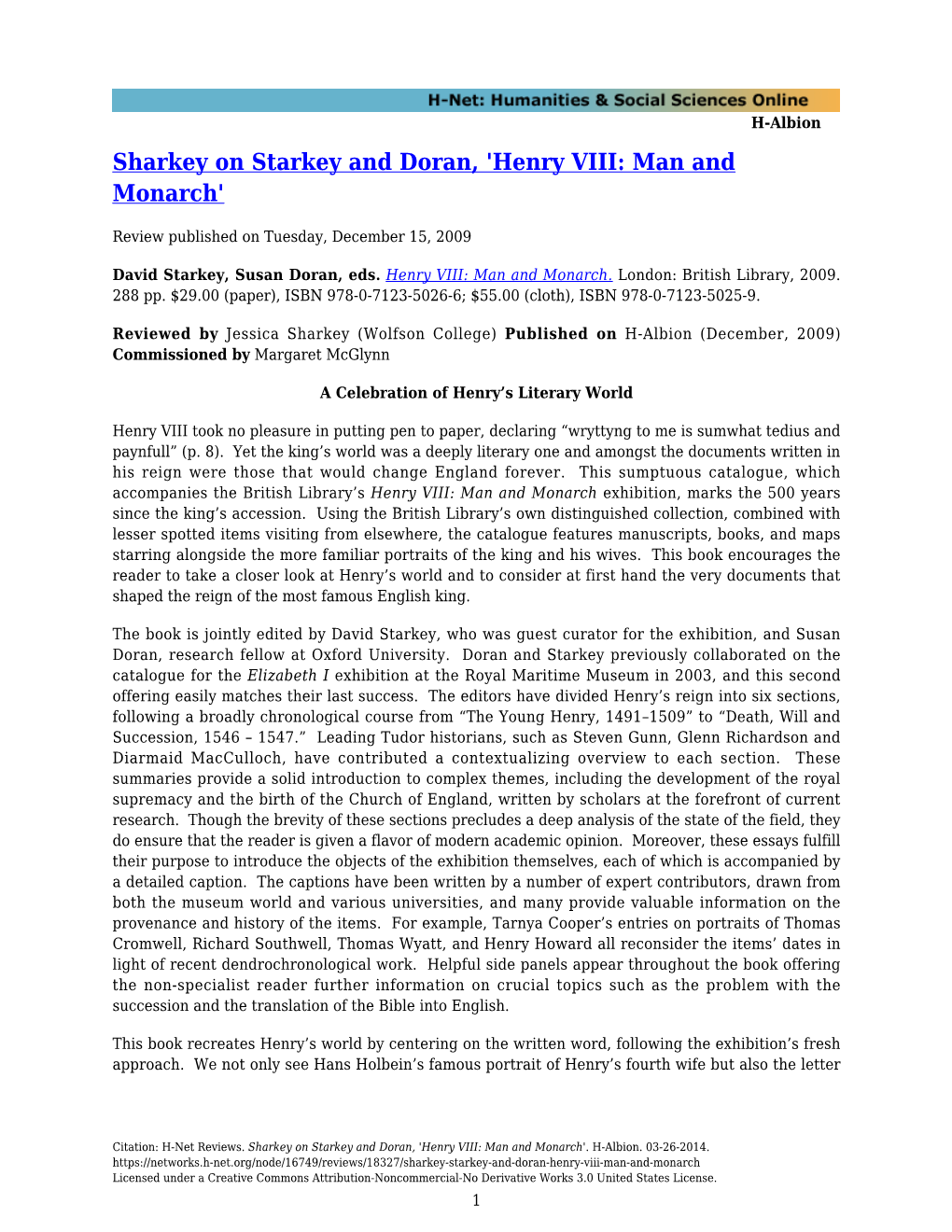 Sharkey on Starkey and Doran, 'Henry VIII: Man and Monarch'