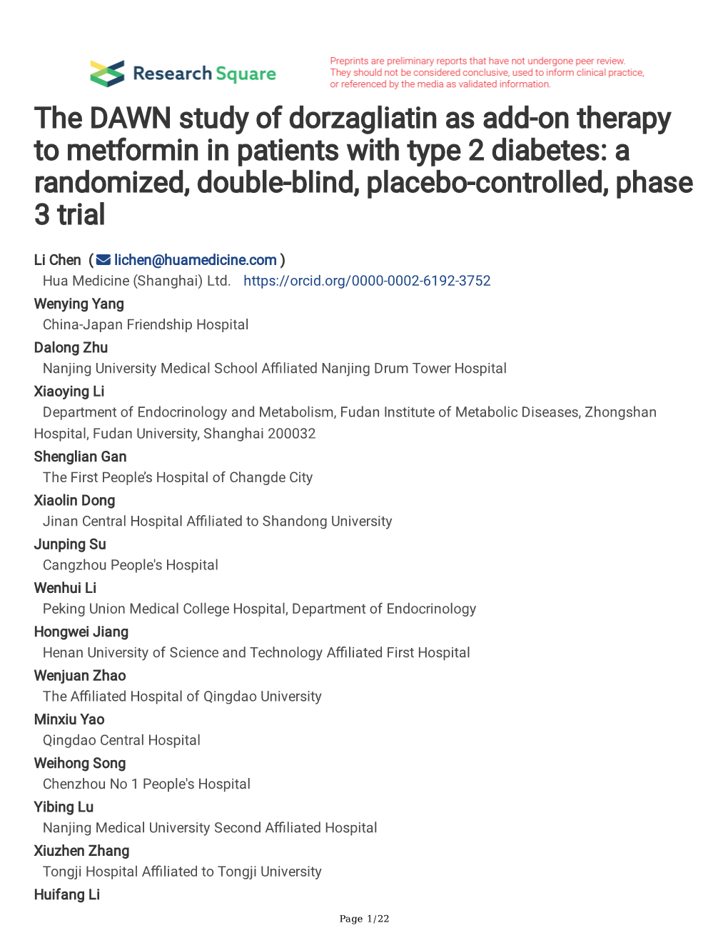 The DAWN Study of Dorzagliatin As Add-On Therapy to Metformin in Patients with Type 2 Diabetes: a Randomized, Double-Blind, Placebo-Controlled, Phase 3 Trial