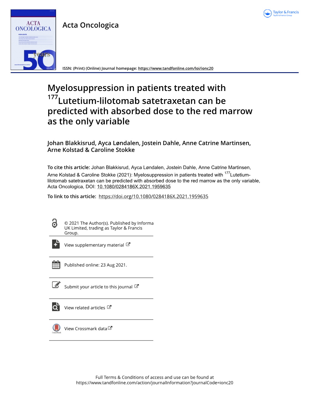 Myelosuppression in Patients Treated with 177Lutetium-Lilotomab Satetraxetan Can Be Predicted with Absorbed Dose to the Red Marrow As the Only Variable