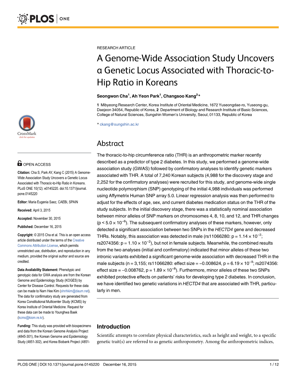 A Genome-Wide Association Study Uncovers a Genetic Locus Associated with Thoracic-To- Hip Ratio in Koreans