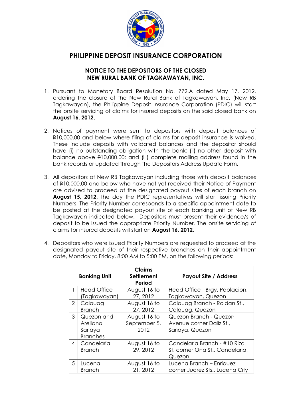 Notice to the Depositors of the Closed New Rural Bank of Tagkawayan, Inc