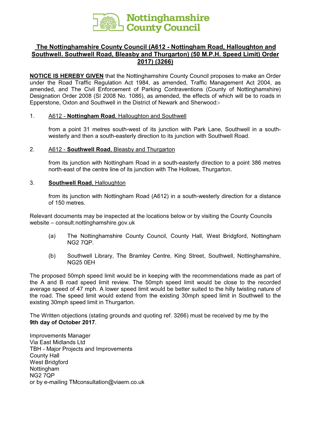 NOTICE of PROPOSAL A612 Swell to Thurgrtn 50Mph SL