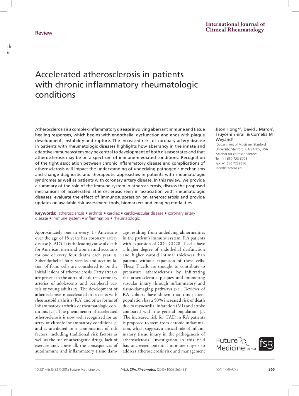 Accelerated Atherosclerosis in Patients with Chronic Inflammatory Rheumatologic Conditions