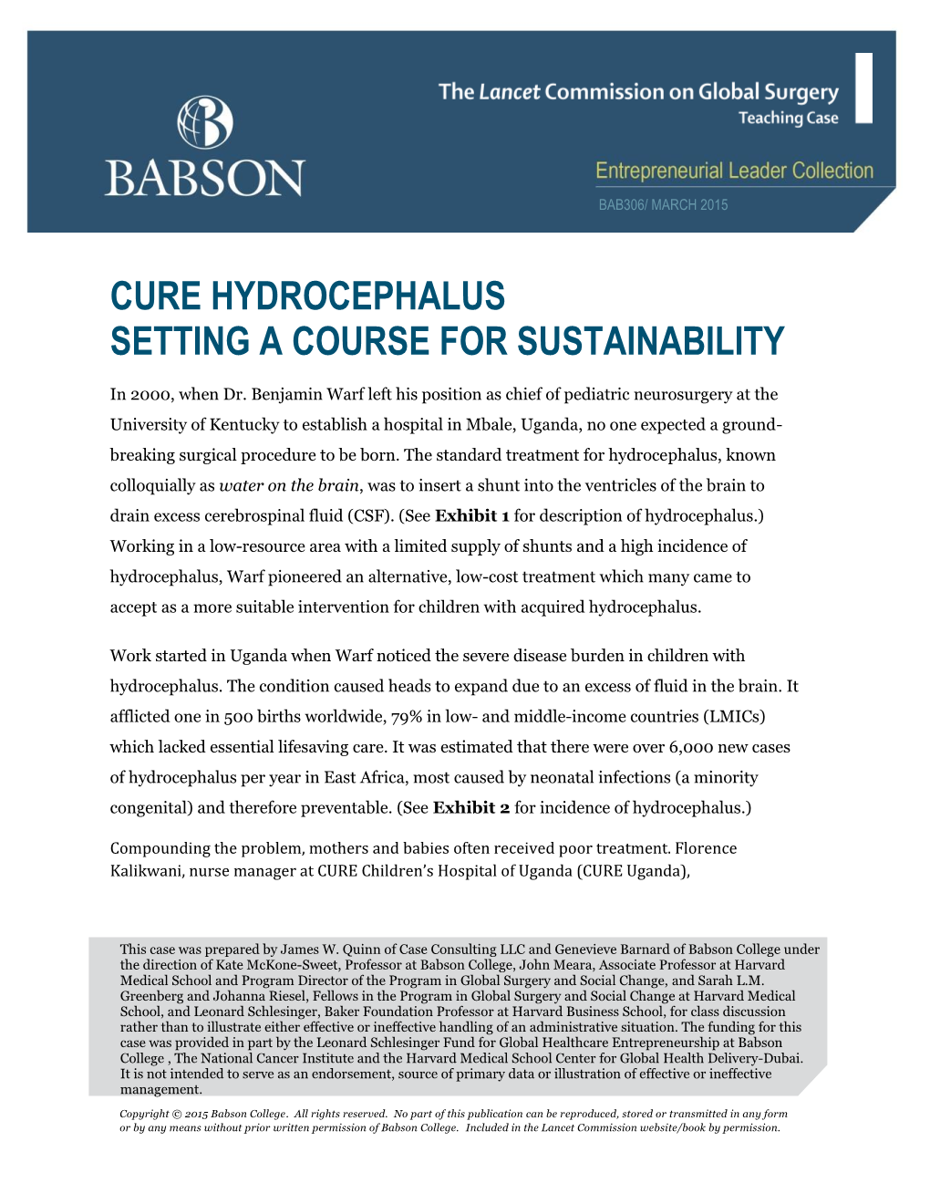 Cure Hydrocephalus Setting a Course for Sustainability