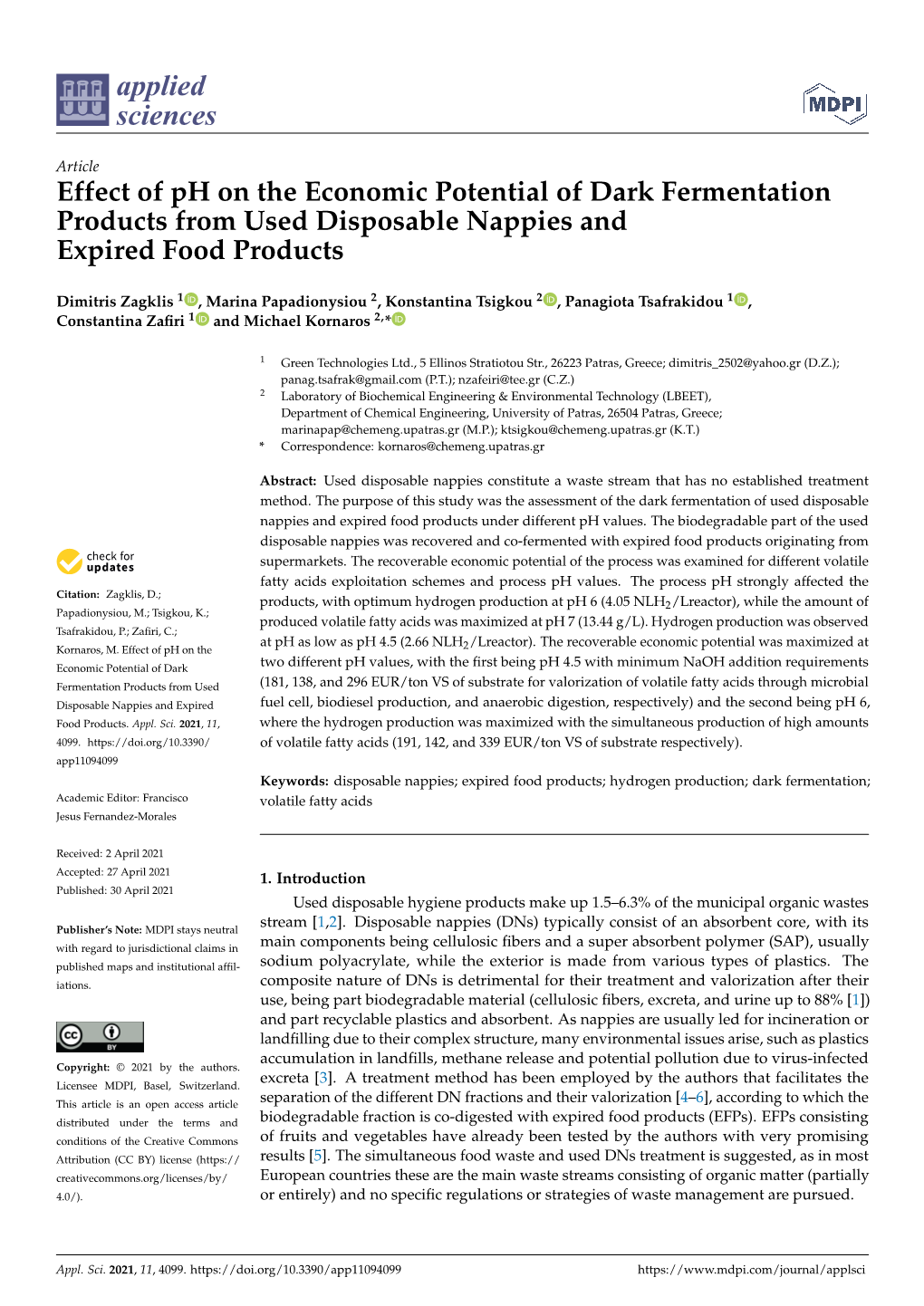 Effect of Ph on the Economic Potential of Dark Fermentation Products from Used Disposable Nappies and Expired Food Products