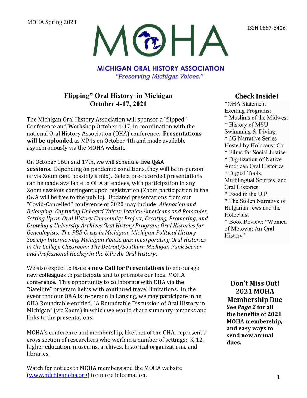 MOHA Spring 2021 Newsletter