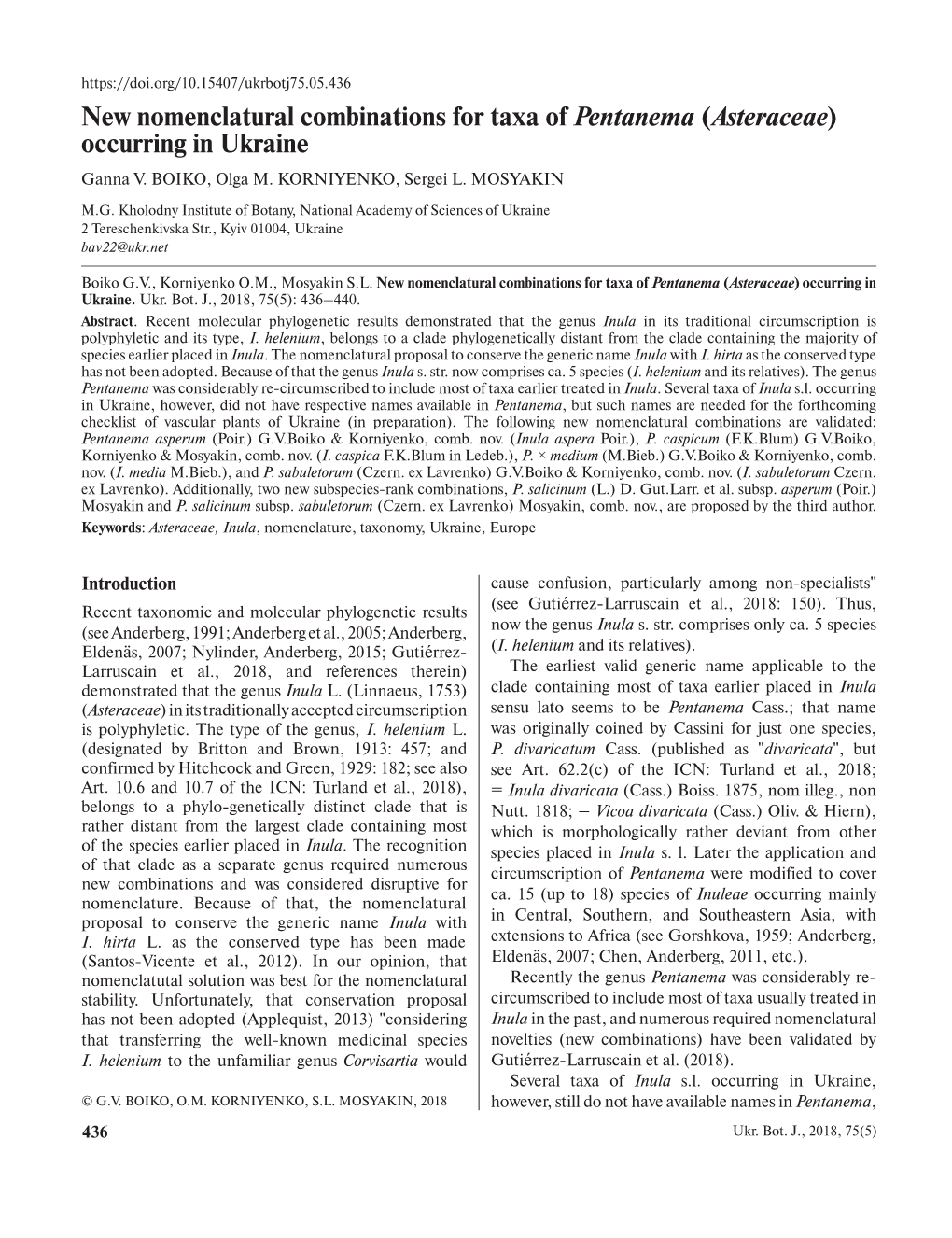 New Nomenclatural Combinations for Taxa of Pentanema (Asteraceae) Occurring in Ukraine Ganna V