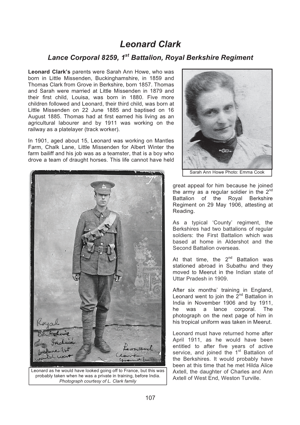 Leonard Clark Lance Corporal 8259, 1St Battalion, Royal Berkshire Regiment