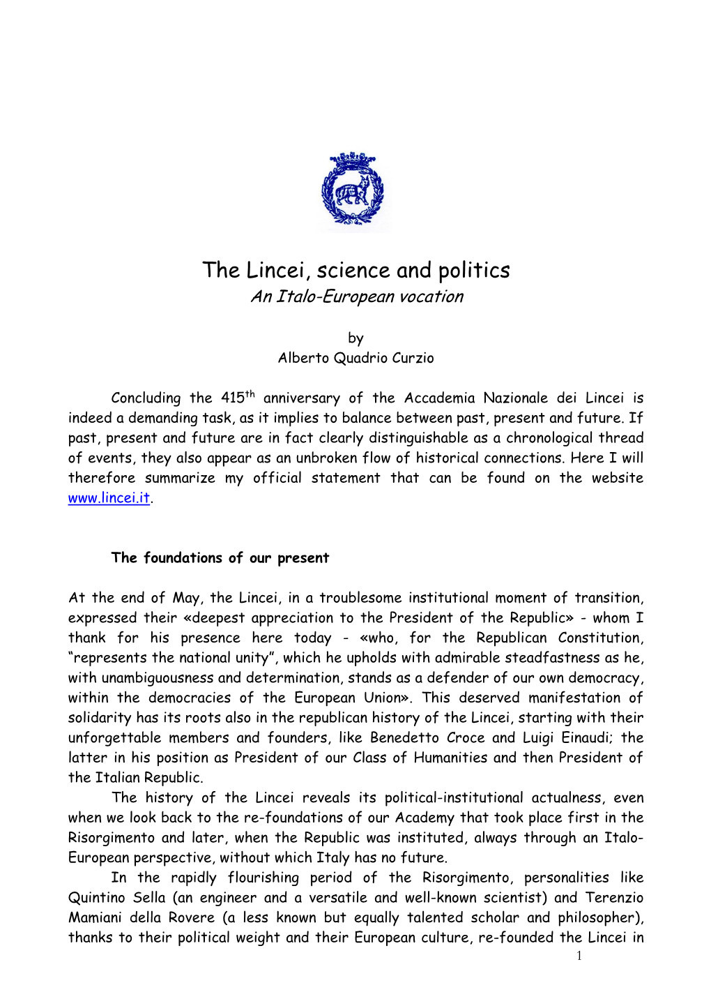 The Lincei, Science and Politics an Italo-European Vocation