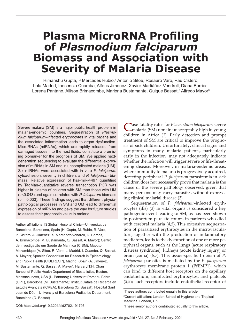 Plasma Microrna Profiling of Plasmodium Falciparum Biomass