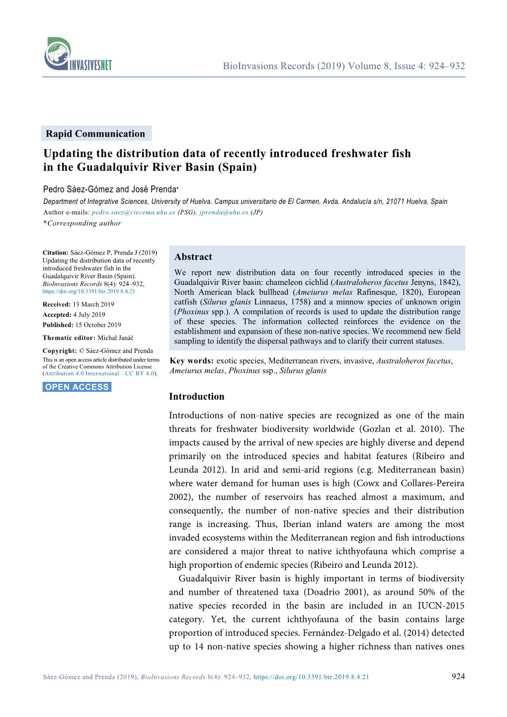 Updating the Distribution Data of Recently Introduced Freshwater Fish in the Guadalquivir River Basin (Spain)