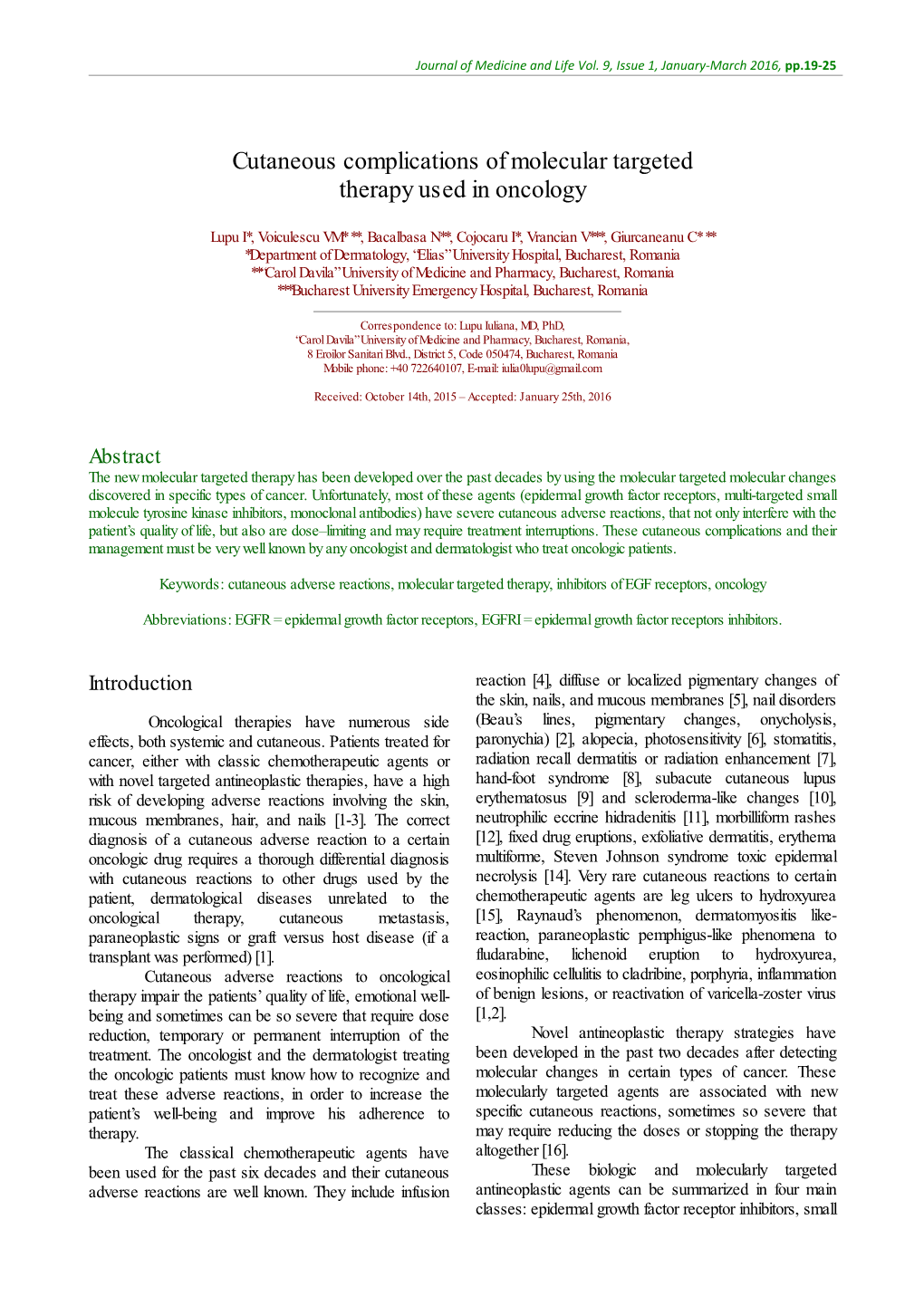 Cutaneous Complications of Molecular Targeted Therapy Used in Oncology