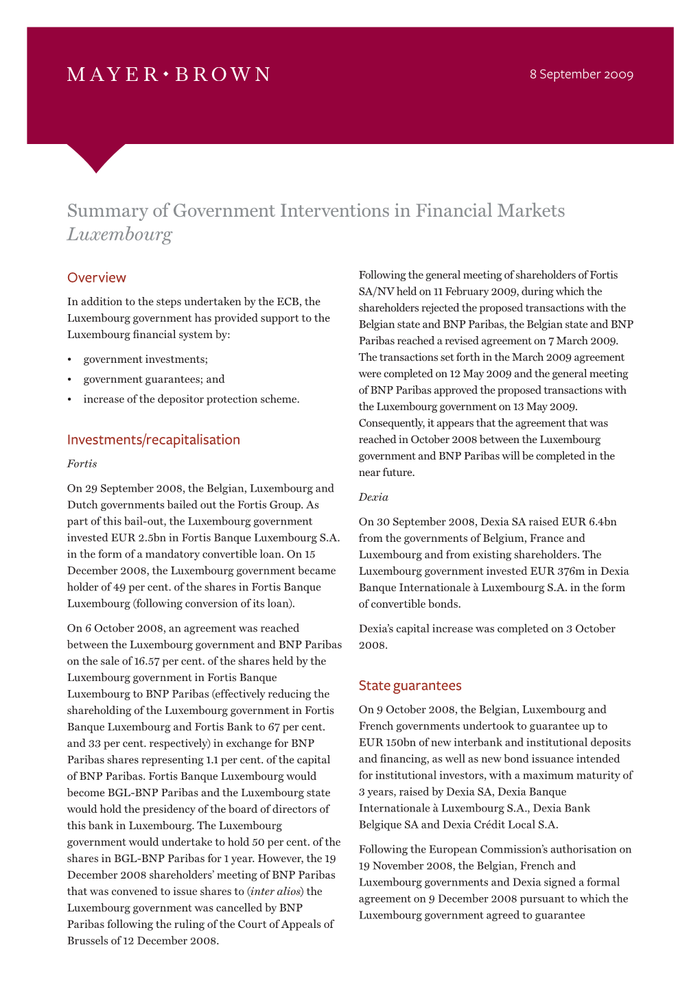 Summary of Government Interventions in Financial Markets Luxembourg