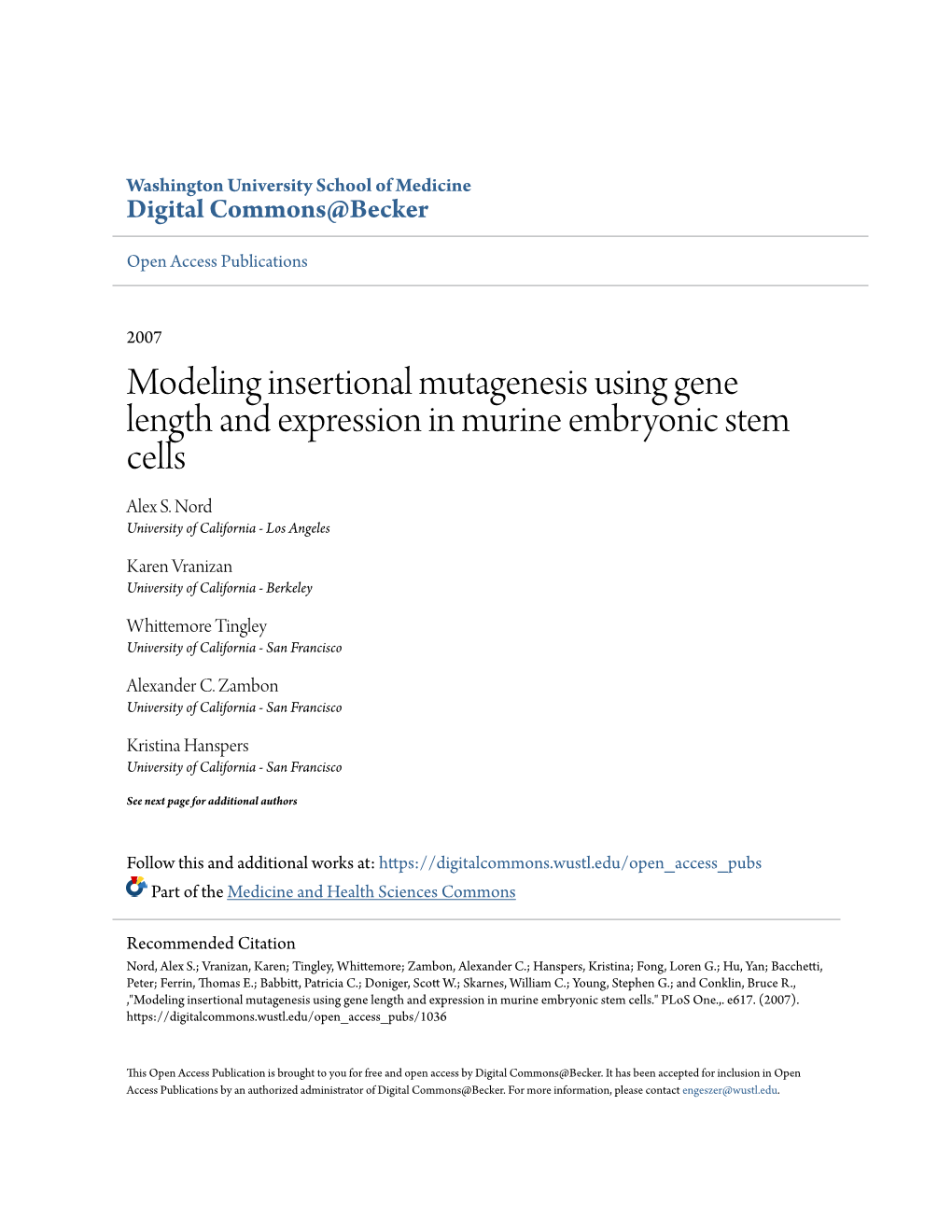 Modeling Insertional Mutagenesis Using Gene Length and Expression in Murine Embryonic Stem Cells Alex S