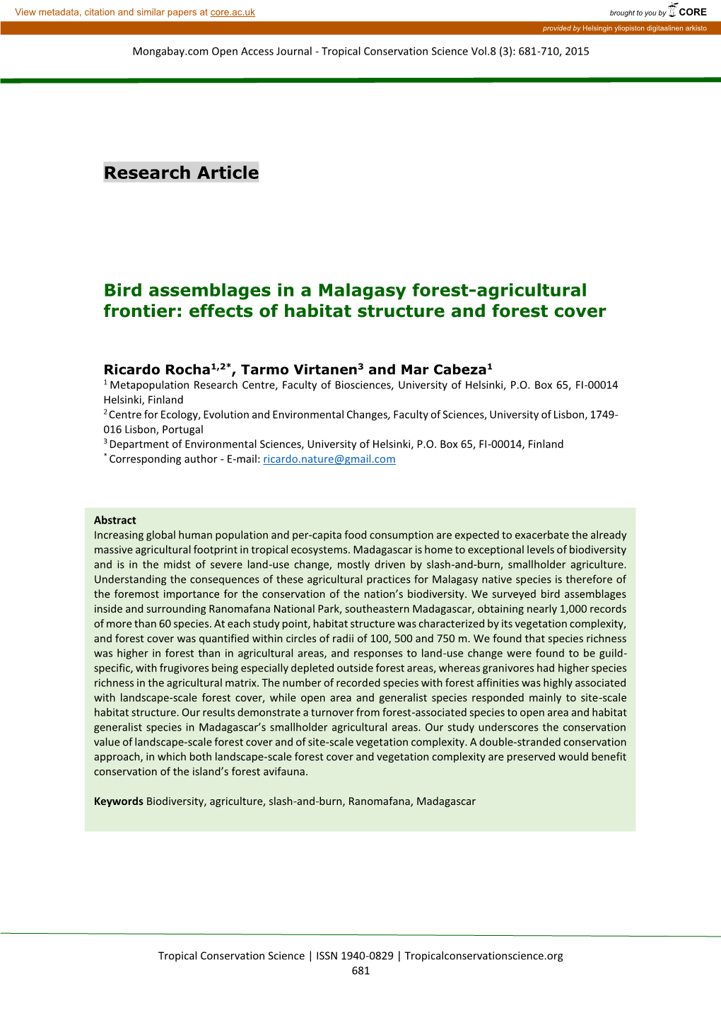 Bird Assemblages in a Malagasy Forest-Agricultural Frontier: Effects of Habitat Structure and Forest Cover
