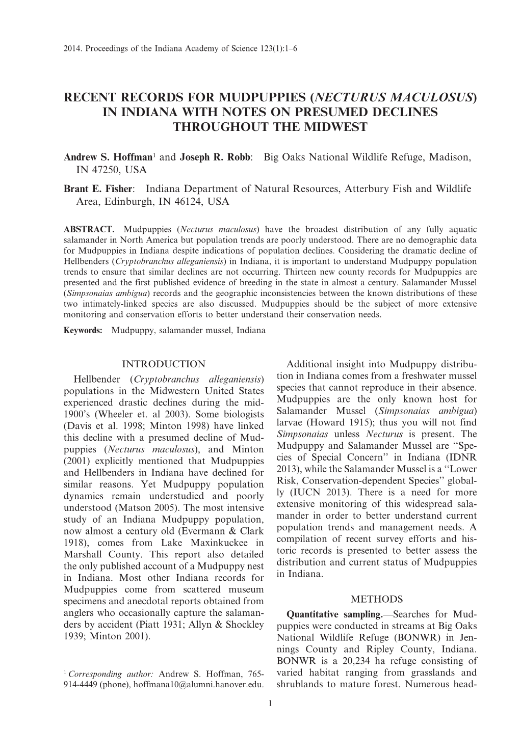 Recent Records for Mudpuppies (Necturus Maculosus) in Indiana with Notes on Presumed Declines Throughout the Midwest