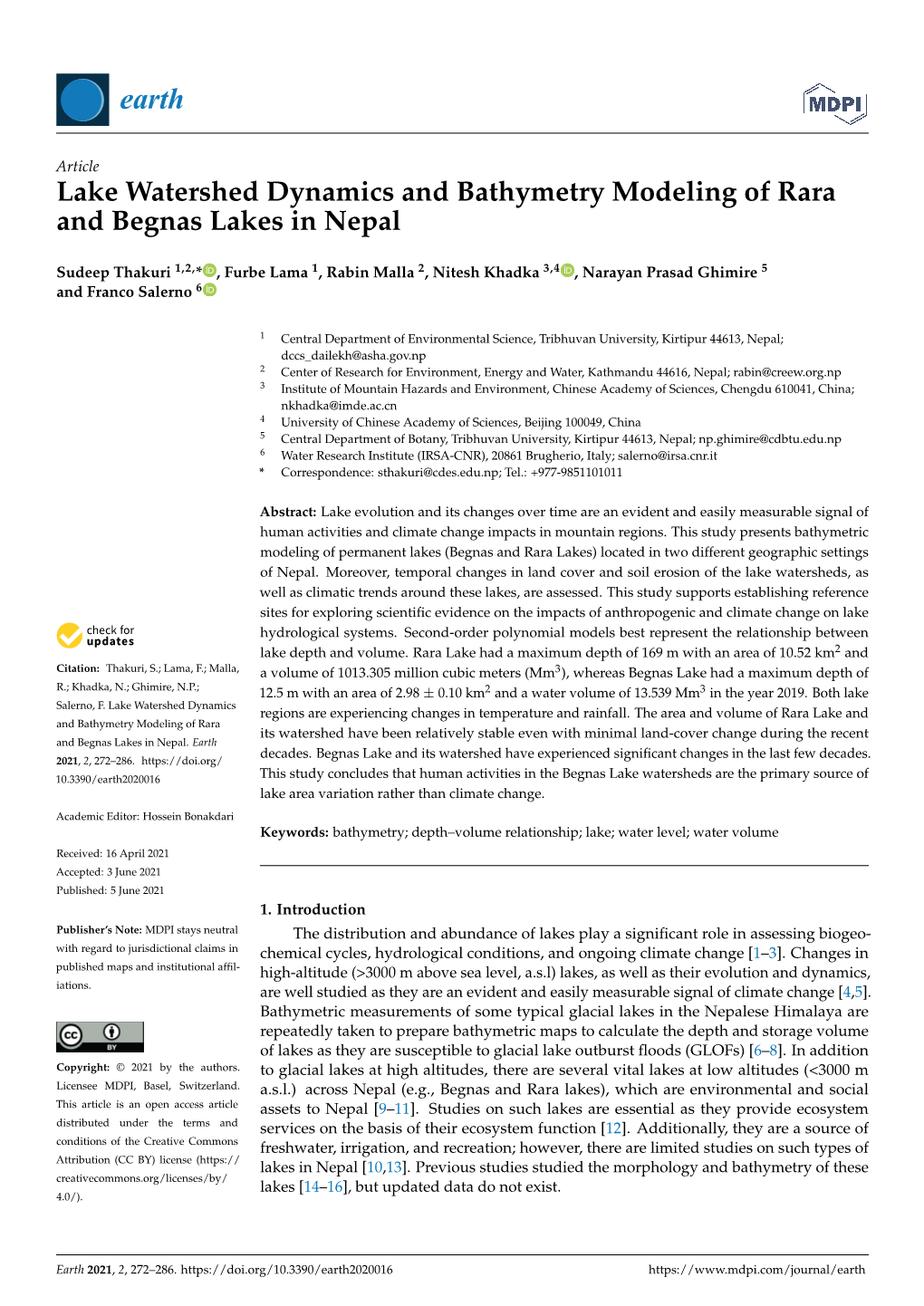 Lake Watershed Dynamics and Bathymetry Modeling of Rara and Begnas Lakes in Nepal