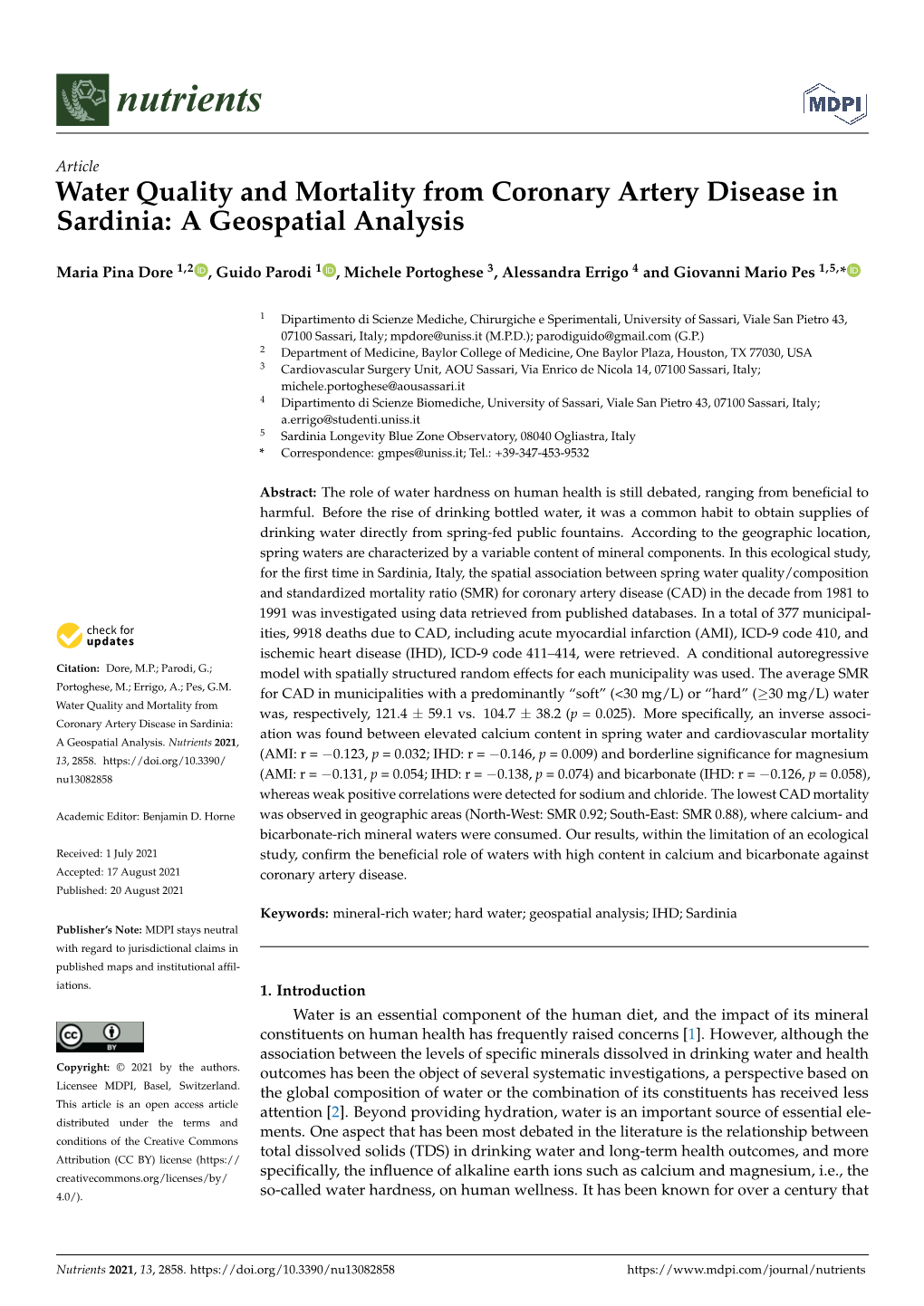 Water Quality and Mortality from Coronary Artery Disease in Sardinia: a Geospatial Analysis