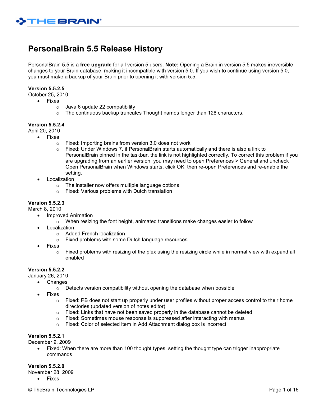 Personalbrain 5.5 Release History