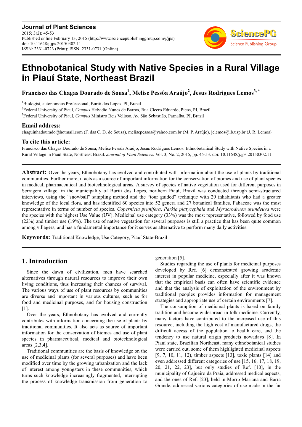 Ethnobotanical Study with Native Species in a Rural Village in Piauí State, Northeast Brazil