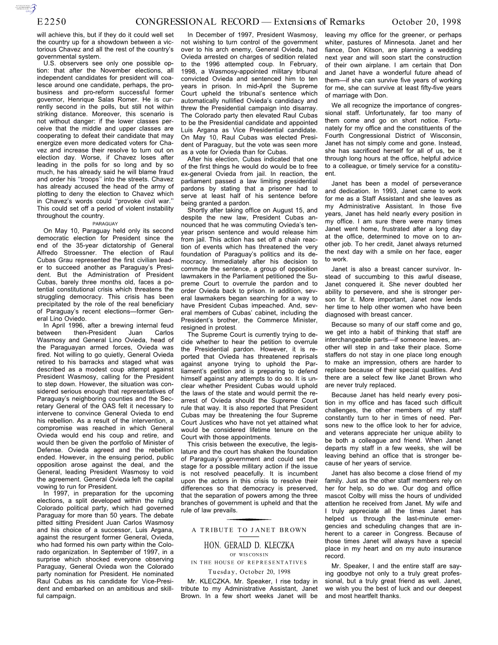 CONGRESSIONAL RECORD— Extensions of Remarks E2250 HON. GERALD D. KLECZKA