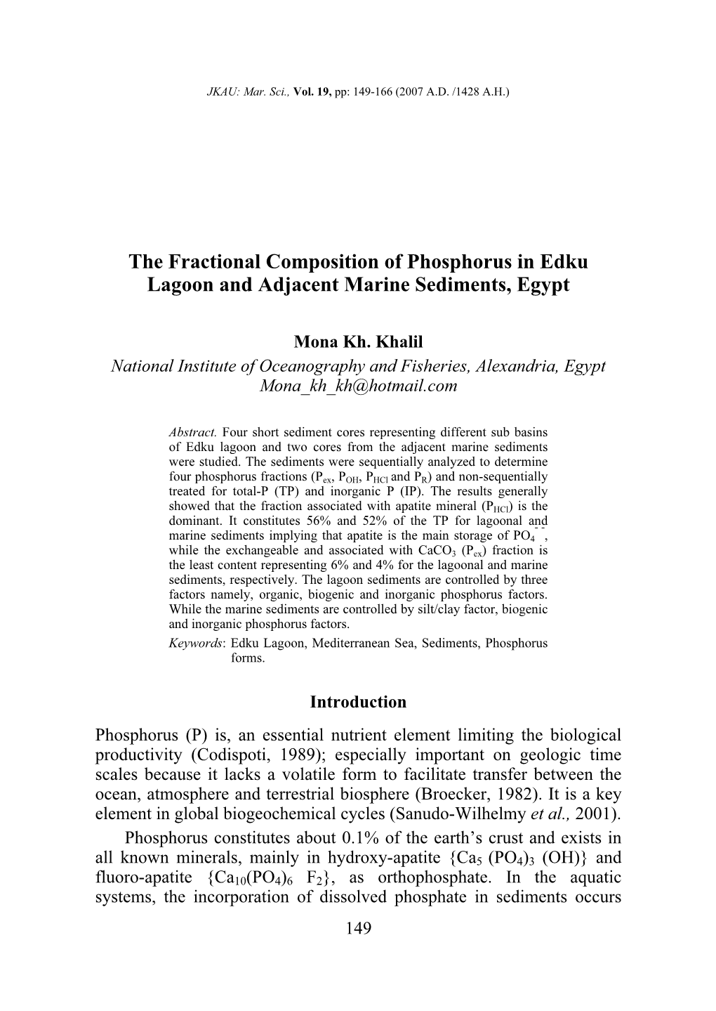 The Fractional Composition of Phosphorus in Edku Lagoon and Adjacent Marine Sediments, Egypt