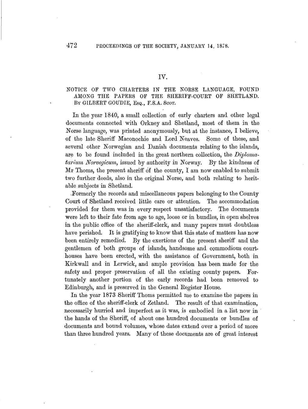 Notice of Two Charters in the Norse Language, Found Among the Papers of the Sheriff-Court of Shetland