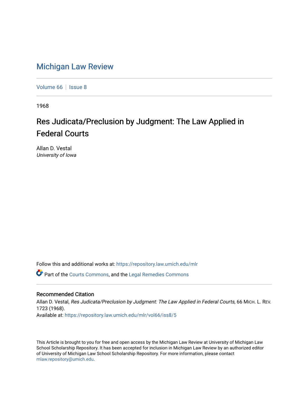 Res Judicata/Preclusion by Judgment: the Law Applied in Federal Courts