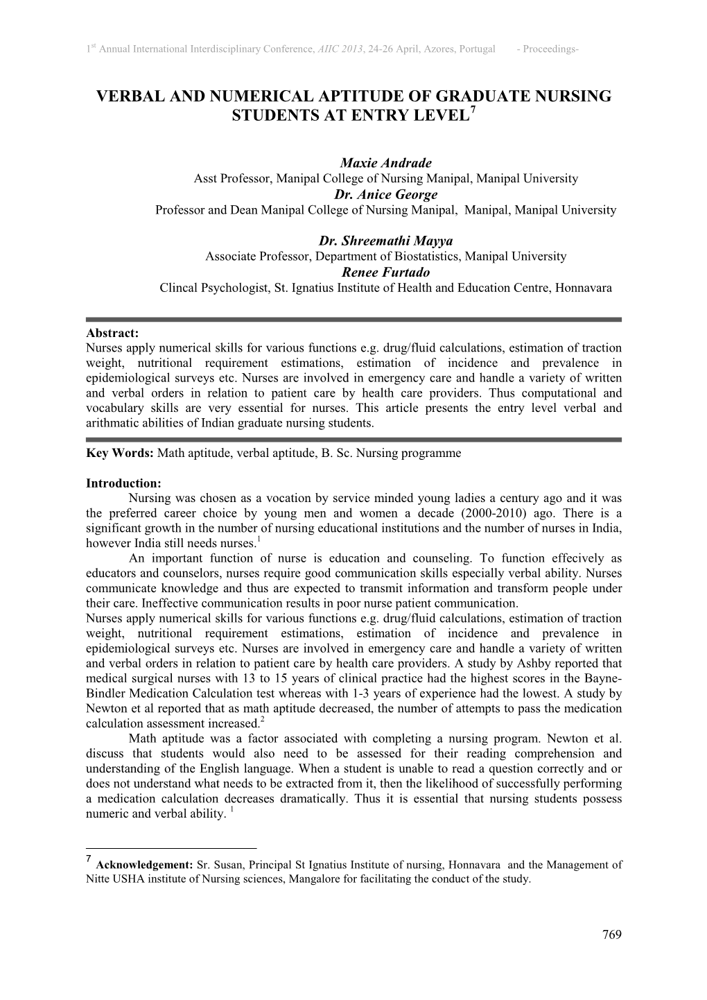 Verbal and Numerical Aptitude of Graduate Nursing Students at Entry Level7