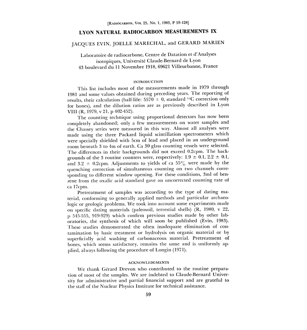 Lyon Natural Radiocarbon Measurements Ix Jacques