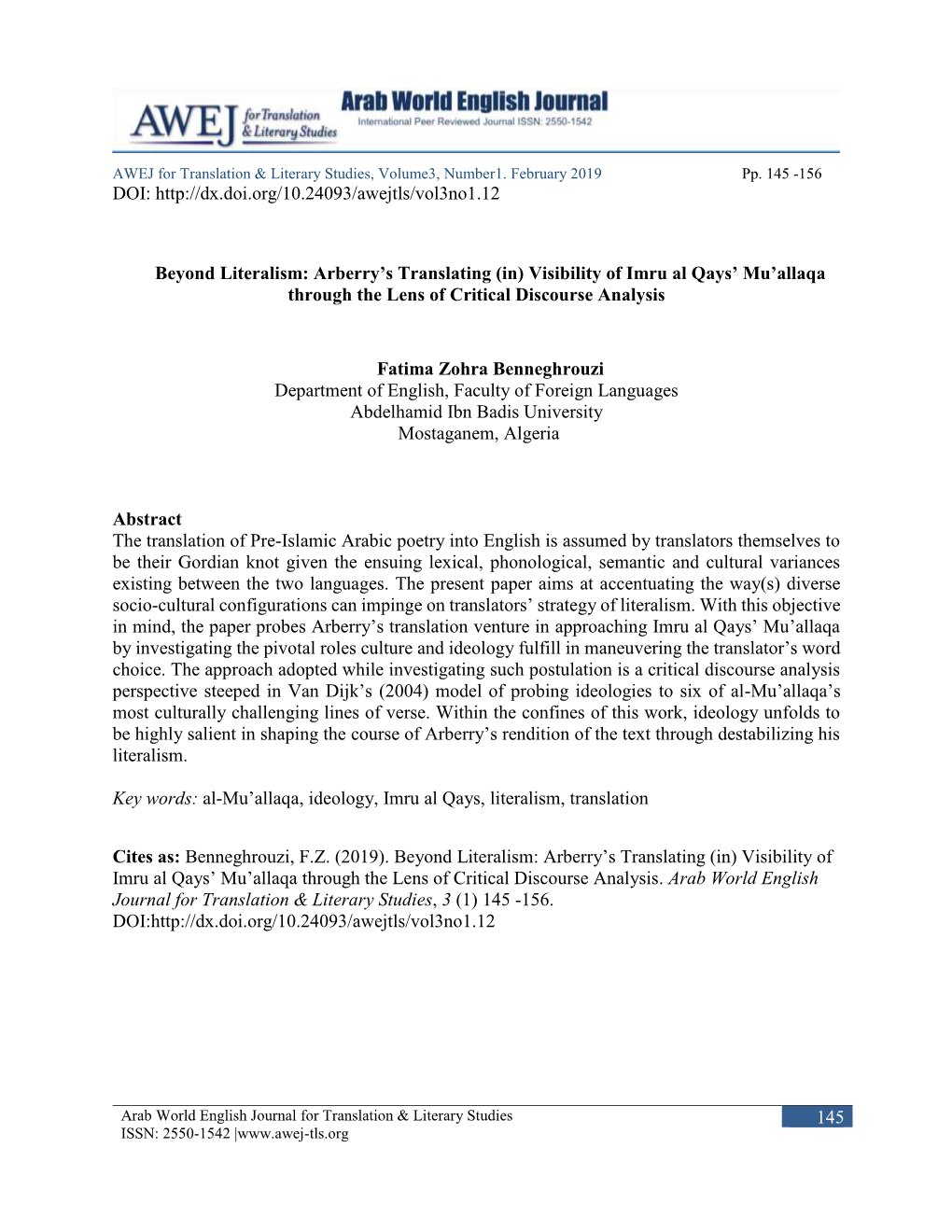 Arberry's Translating (In) Visibility of Imru Al Qays' Mu'allaqa Through the Lens of Critical Discourse