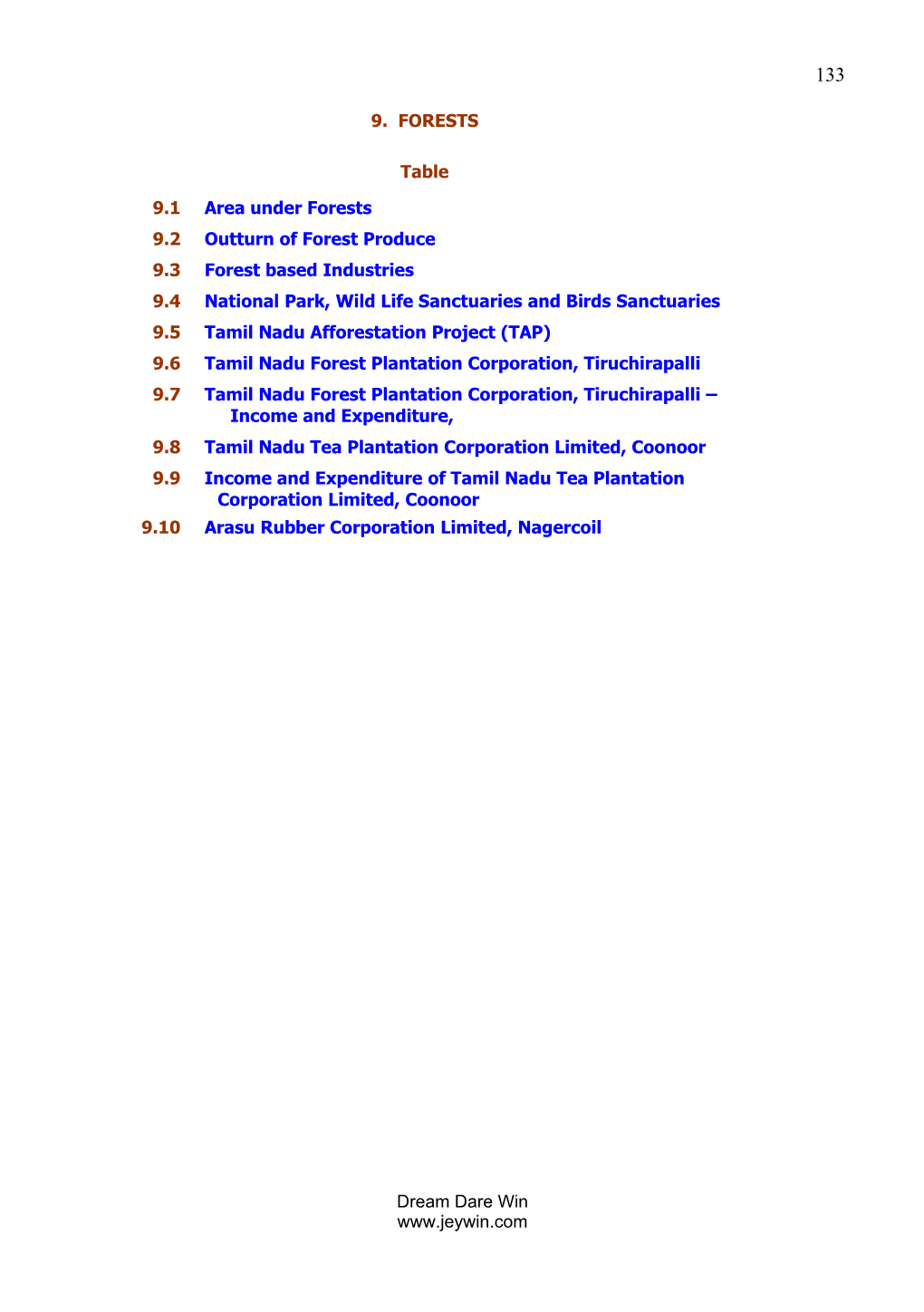 9. FORESTS Table 9.1 Area Under Forests 9.2 Outturn of Forest