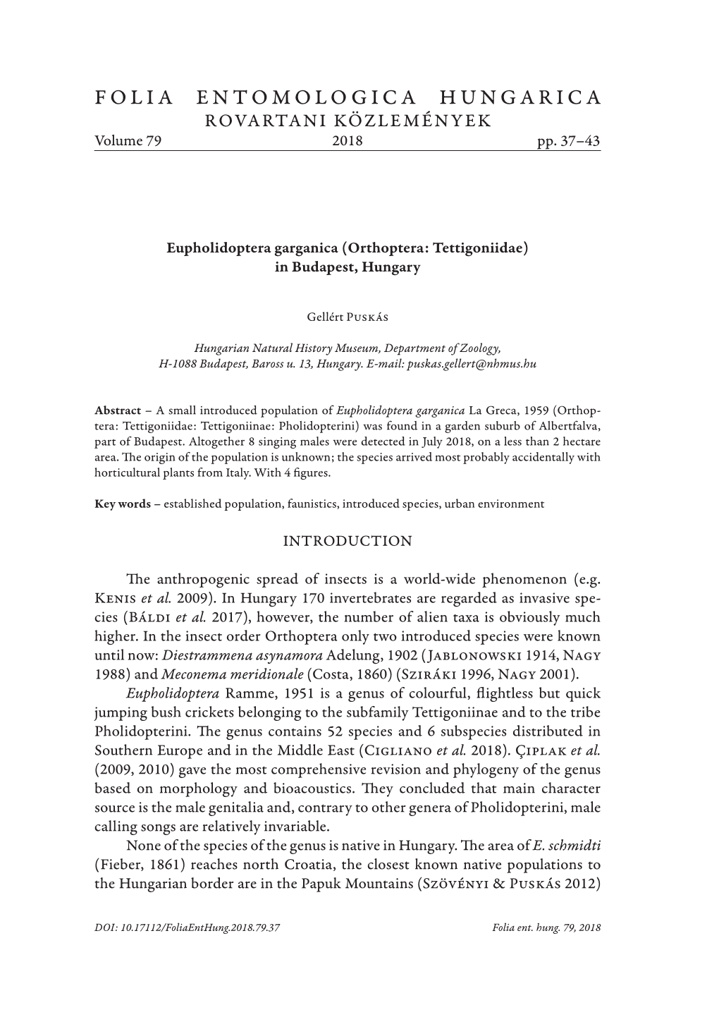 FOLIA ENTOMOLOGICA HUNGARICA ROVARTANI KÖZLEMÉNYEK Volume 79 2018 Pp