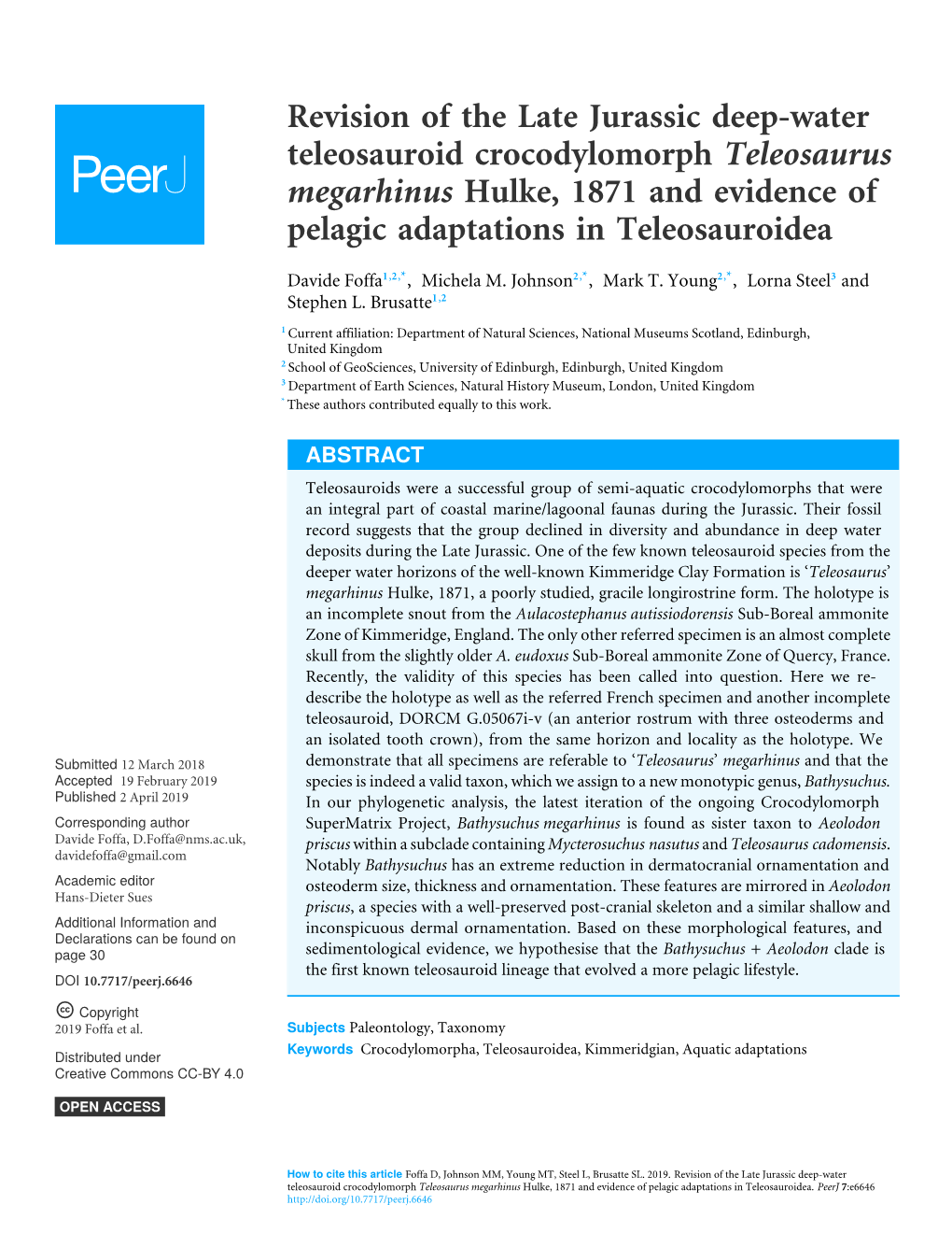 Revision of the Late Jurassic Deep-Water Teleosauroid Crocodylomorph Teleosaurus Megarhinus Hulke, 1871 and Evidence of Pelagic Adaptations in Teleosauroidea