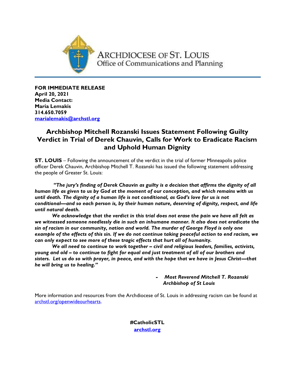 Archbishop Mitchell Rozanski Issues Statement Following Guilty Verdict in Trial of Derek Chauvin, Calls for Work to Eradicate Racism and Uphold Human Dignity