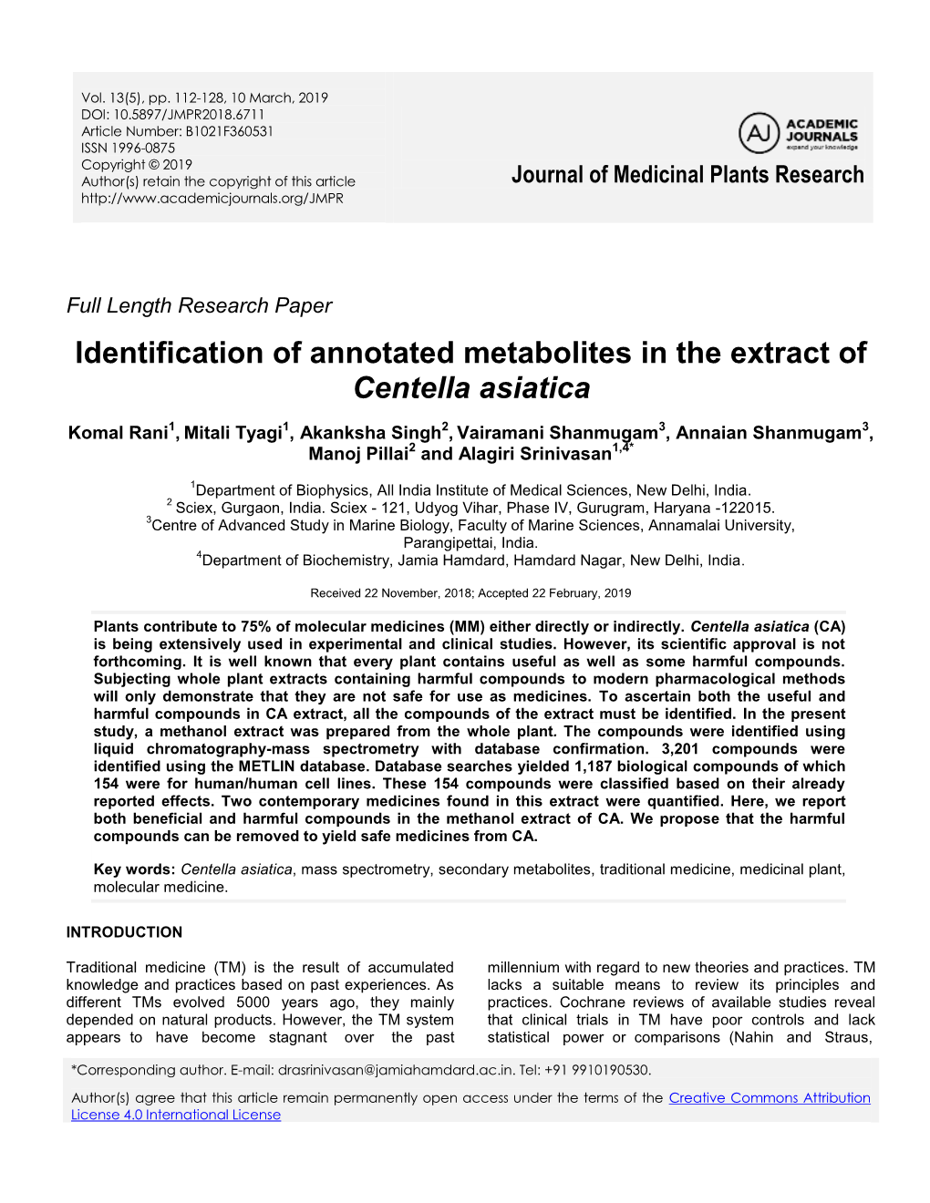 Identification of Annotated Metabolites in the Extract of Centella Asiatica