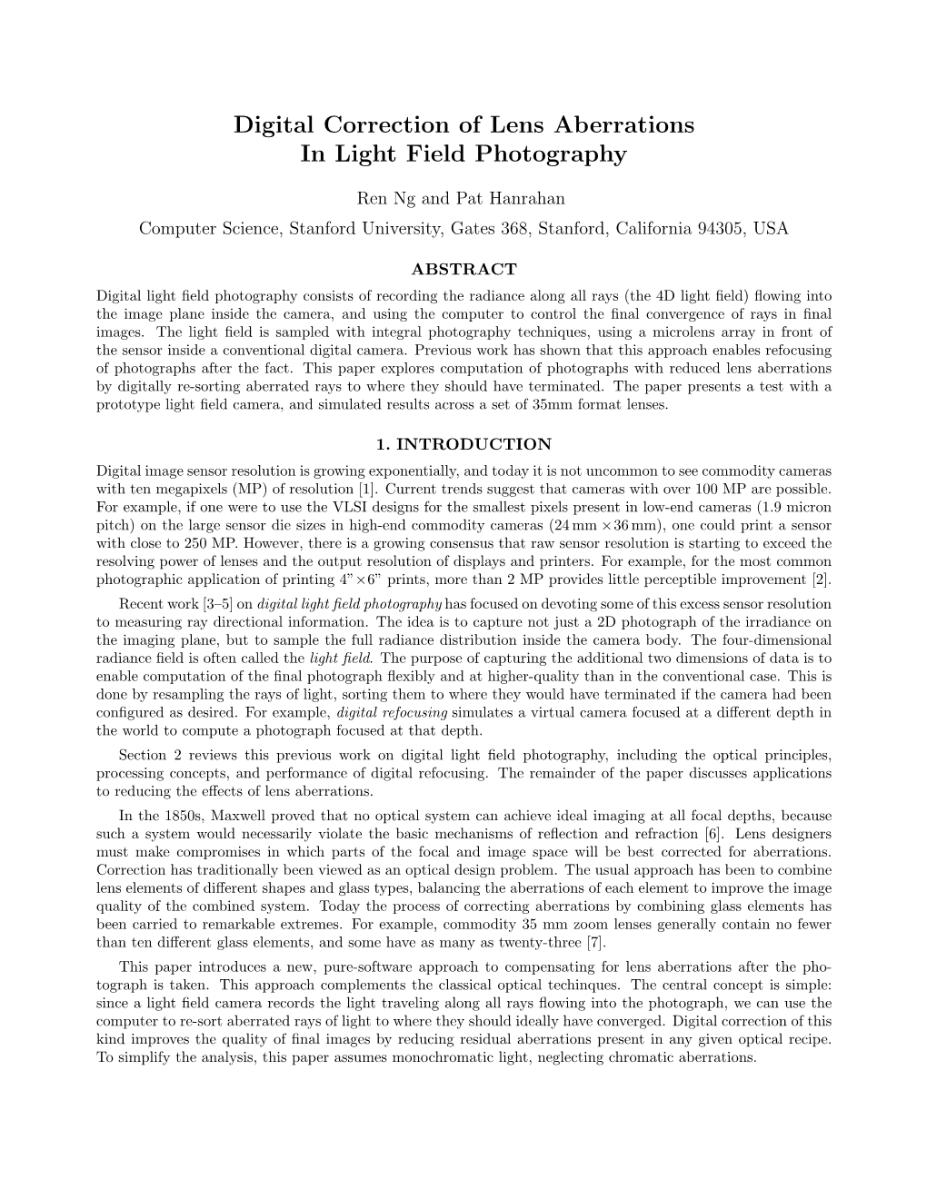 Digital Correction of Lens Aberrations in Light Field Photography