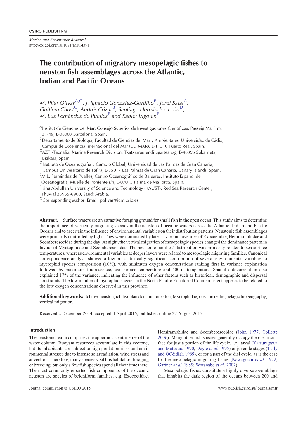 The Contribution of Migratory Mesopelagic Fishes to Neuston Fish Assemblages Across the Atlantic, Indian and Pacific Oceans