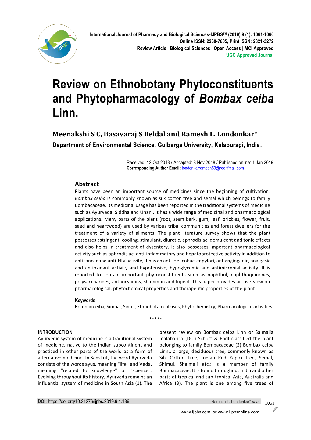 Review on Ethnobotany Phytoconstituents and Phytopharmacology of Bombax Ceiba Linn